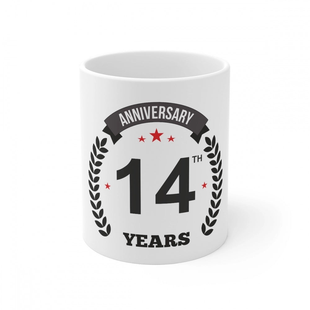 Amfyn Ceramic 14th Anniversary Printed Coffee Mug (Color: White, Capacity:330ml)