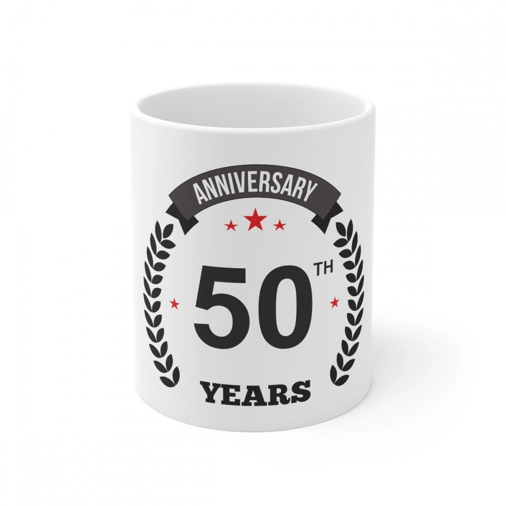 Amfyn Ceramic 50th Anniversary Printed Coffee Mug (Color: White, Capacity:330ml)