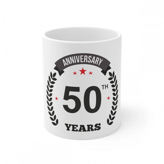 Amfyn Ceramic 50th Anniversary Printed Coffee Mug (Color: White, Capacity:330ml)