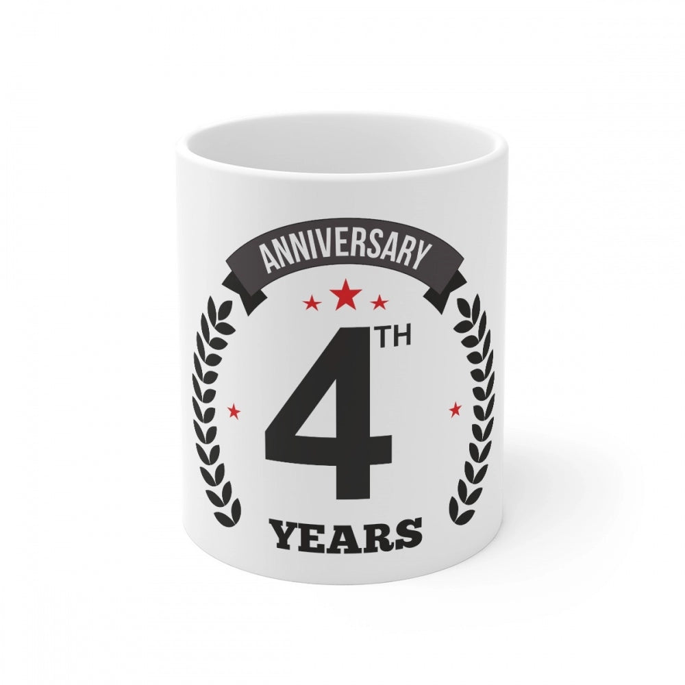 Amfyn Ceramic 4th Anniversary Printed Coffee Mug (Color: White, Capacity:330ml)