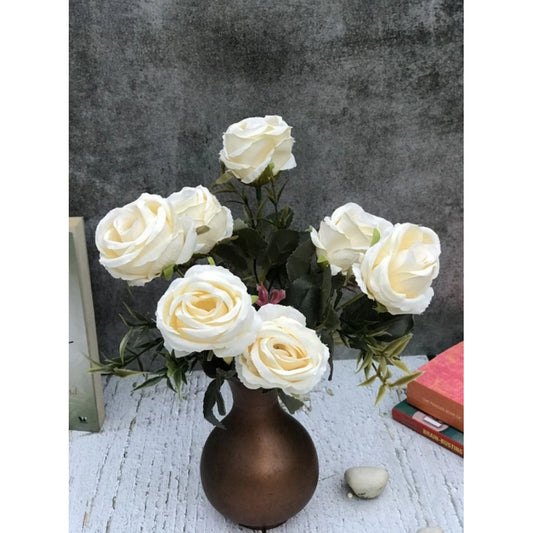 Amfyn Artificial Flowers Bunch Bouquet Of 5 Vintage Garden Roses For Home Decoration (White, Material:Silk, Polyester)