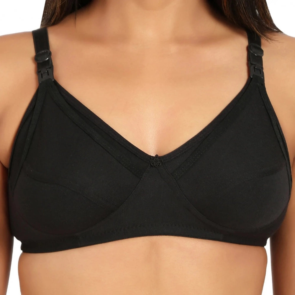 Amfyn Women's Cotton Blend Mother Care Full Coverage Feeding Bra Non Padded (Black)