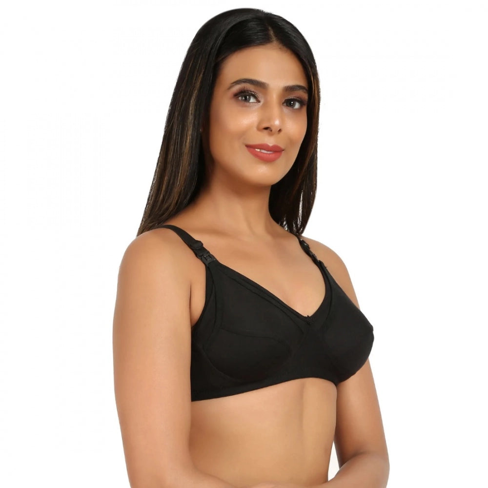 Amfyn Women's Cotton Blend Mother Care Full Coverage Feeding Bra Non Padded (Black)