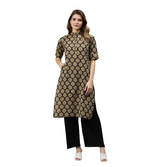 Amfyn Women's Cotton Printed Straight Fit Kurti (Black, Cotton)