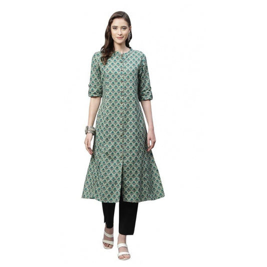 Amfyn Women's Cotton Printed Flex Kurti (Green, Cotton)