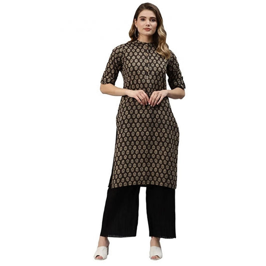 Amfyn Women's Cotton Printed Straight Kurti (Black, Cotton)