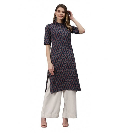 Amfyn Women's Cotton Printed Straight Kurti (Navy Blue, Cotton)