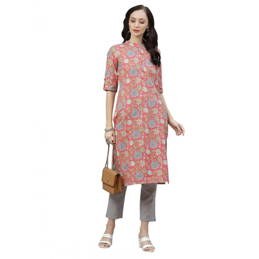 Amfyn Women's Cotton Printed Straight Kurti (Pink, Cotton)