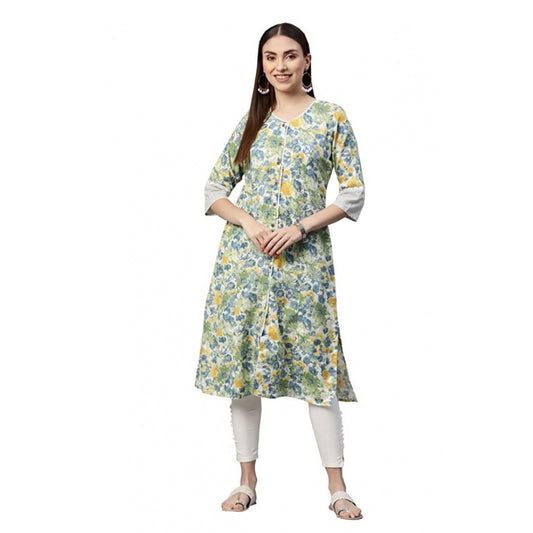 Amfyn Women's Cotton Printed  Straight Kurti (White, Green, Cotton)