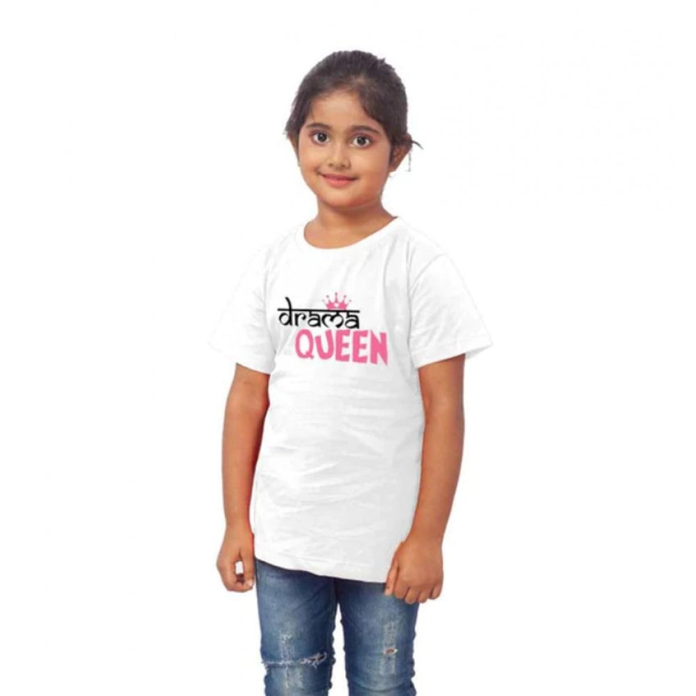 Amfyn Girls Cotton Drama Queen Half Sleeve TShirt (White)