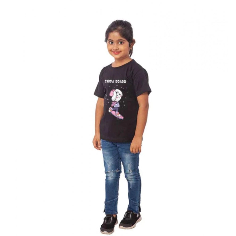 Amfyn Girls Cotton Snow Board Half Sleeve TShirt (Black)