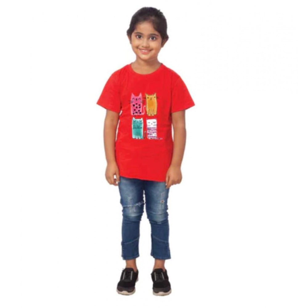 Amfyn Girls Cotton Cat Half Sleeve TShirt (Red)