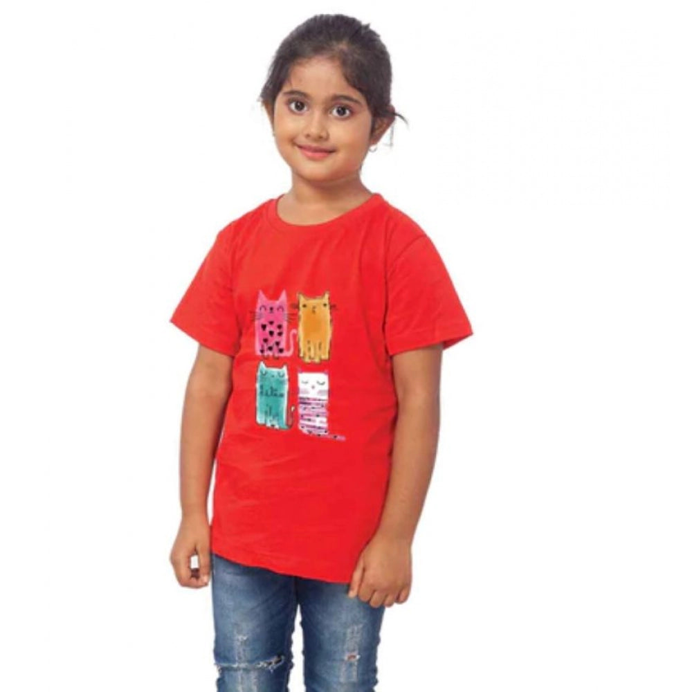 Amfyn Girls Cotton Cat Half Sleeve TShirt (Red)