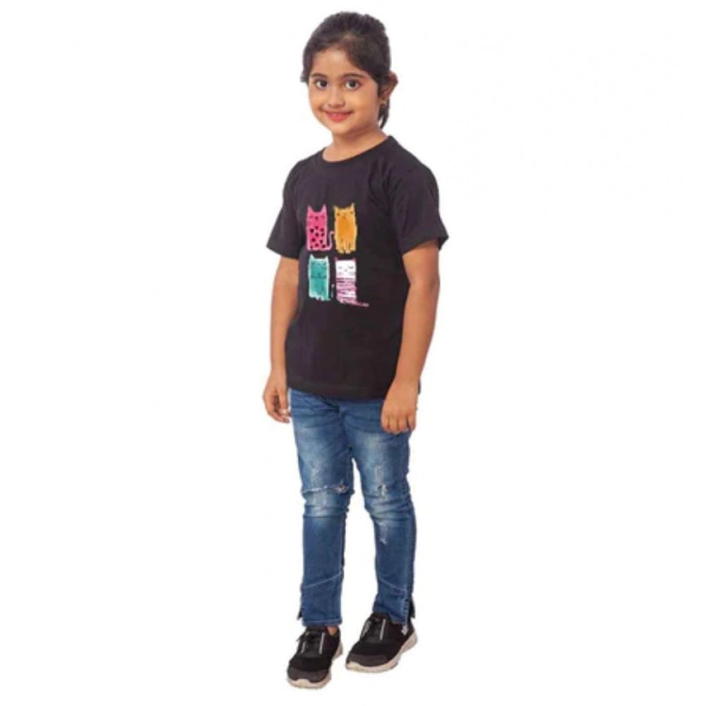 Amfyn Girls Cotton Cat Half Sleeve TShirt (Black)