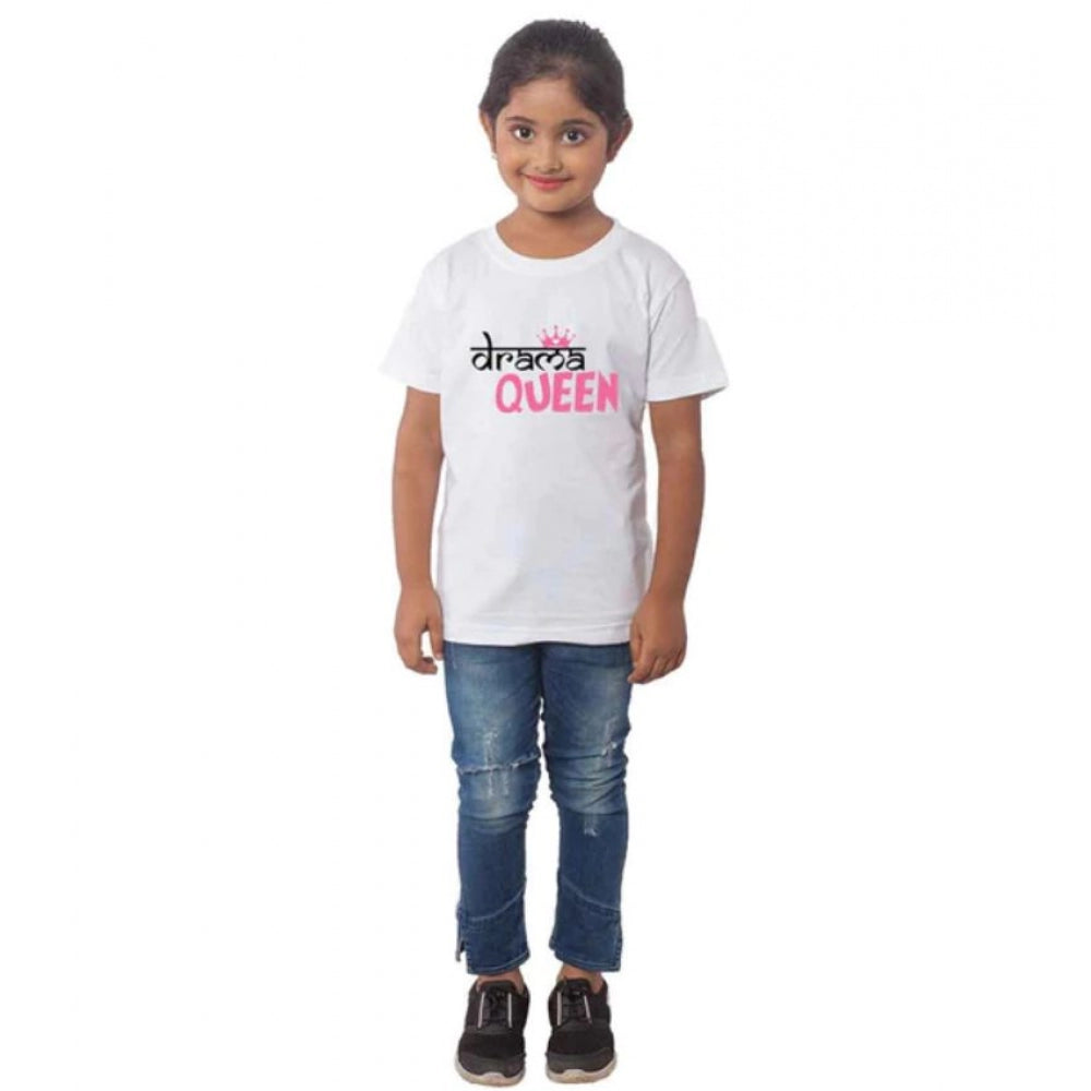 Amfyn Girls Cotton Drama Queen Half Sleeve TShirt (White)