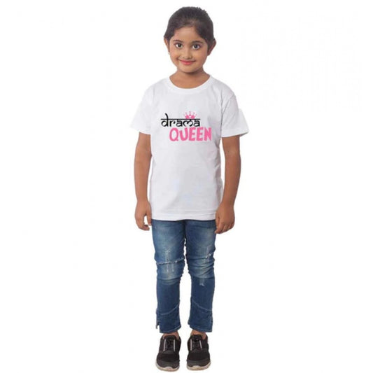 Amfyn Girls Cotton Drama Queen Half Sleeve TShirt (White)