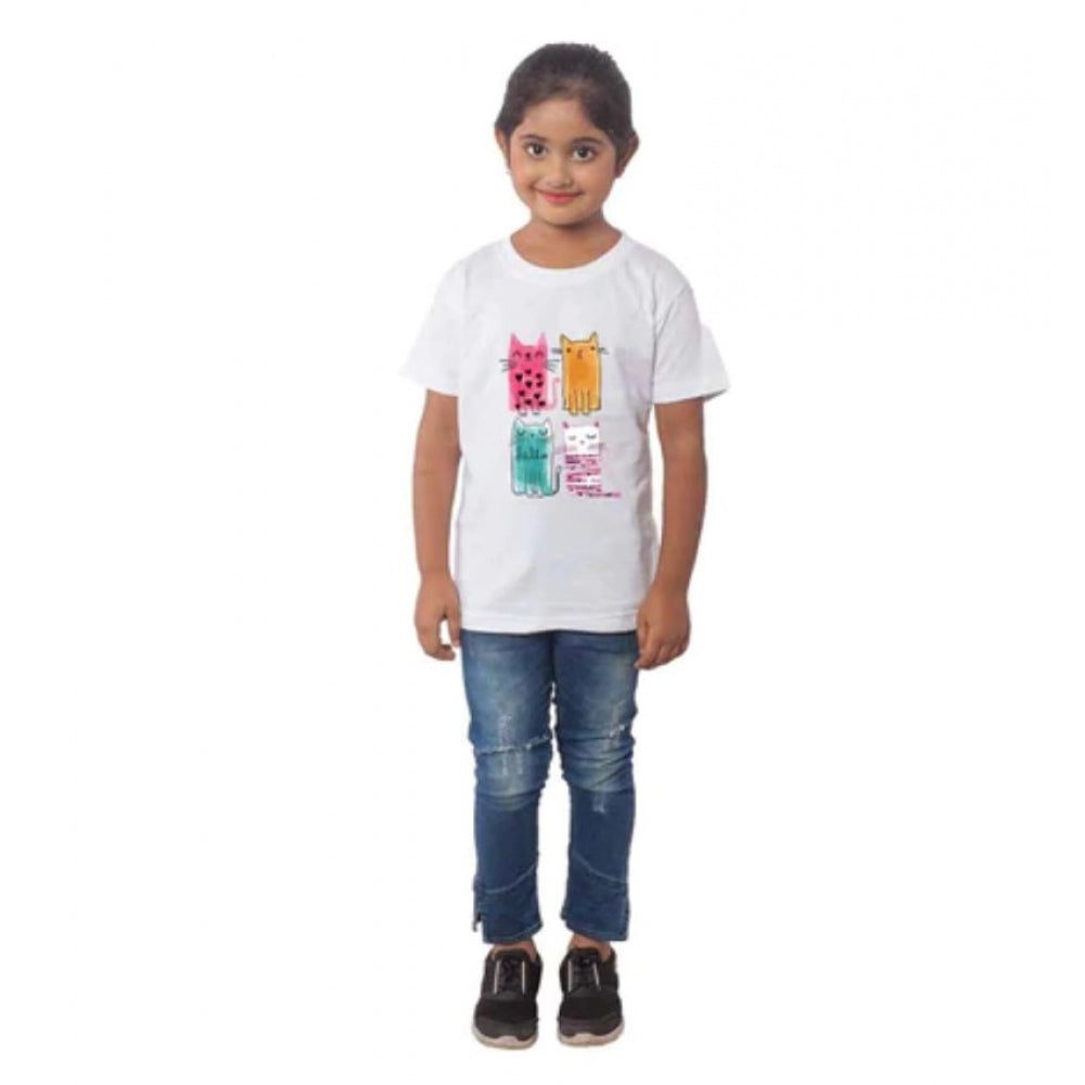 Amfyn Girls Cotton Cat Half Sleeve TShirt (White)