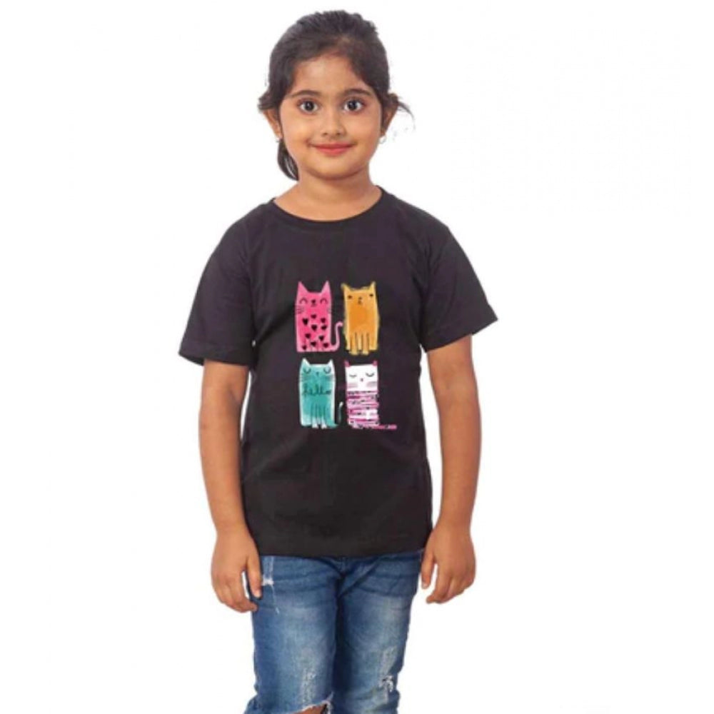 Amfyn Girls Cotton Cat Half Sleeve TShirt (Black)