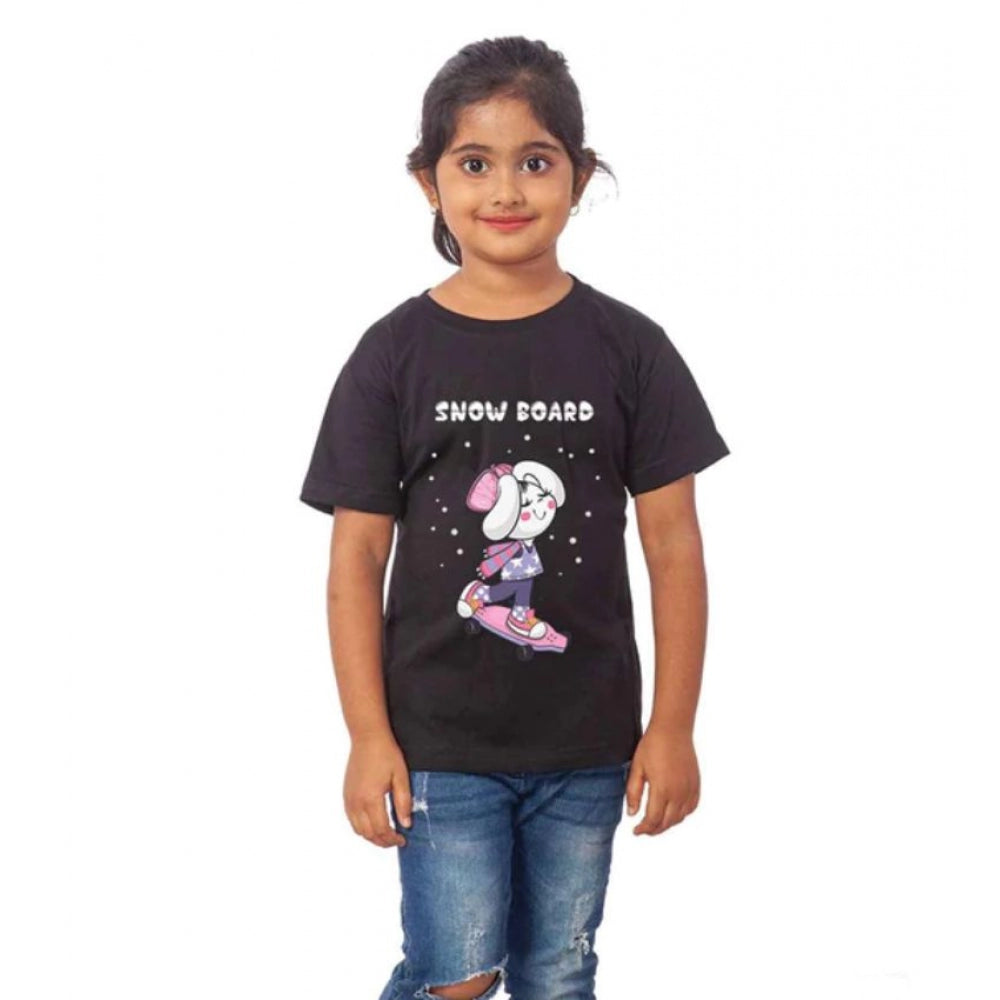 Amfyn Girls Cotton Snow Board Half Sleeve TShirt (Black)