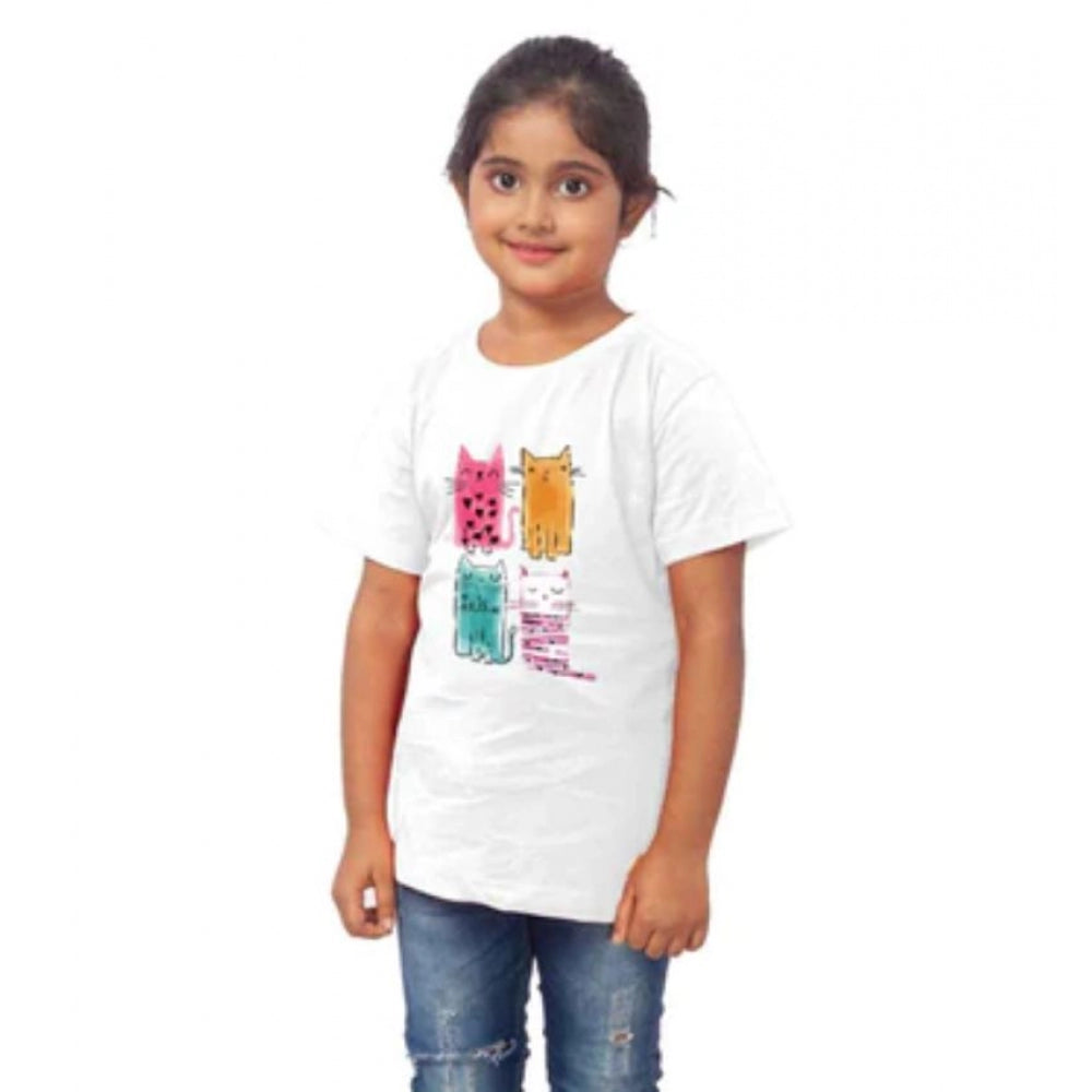 Amfyn Girls Cotton Cat Half Sleeve TShirt (White)