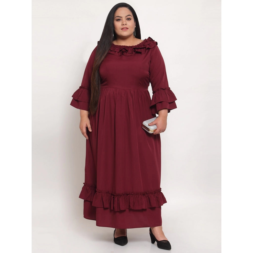 Amfyn Women's Crepe Solid Full Length Fit and Flare Dress (Maroon)