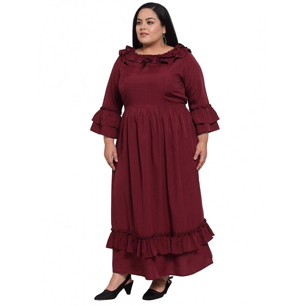 Amfyn Women's Crepe Solid Full Length Fit and Flare Dress (Maroon)