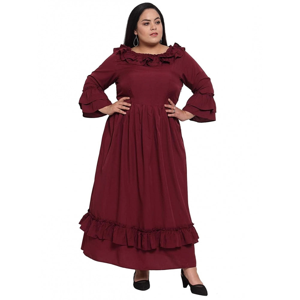 Amfyn Women's Crepe Solid Full Length Fit and Flare Dress (Maroon)