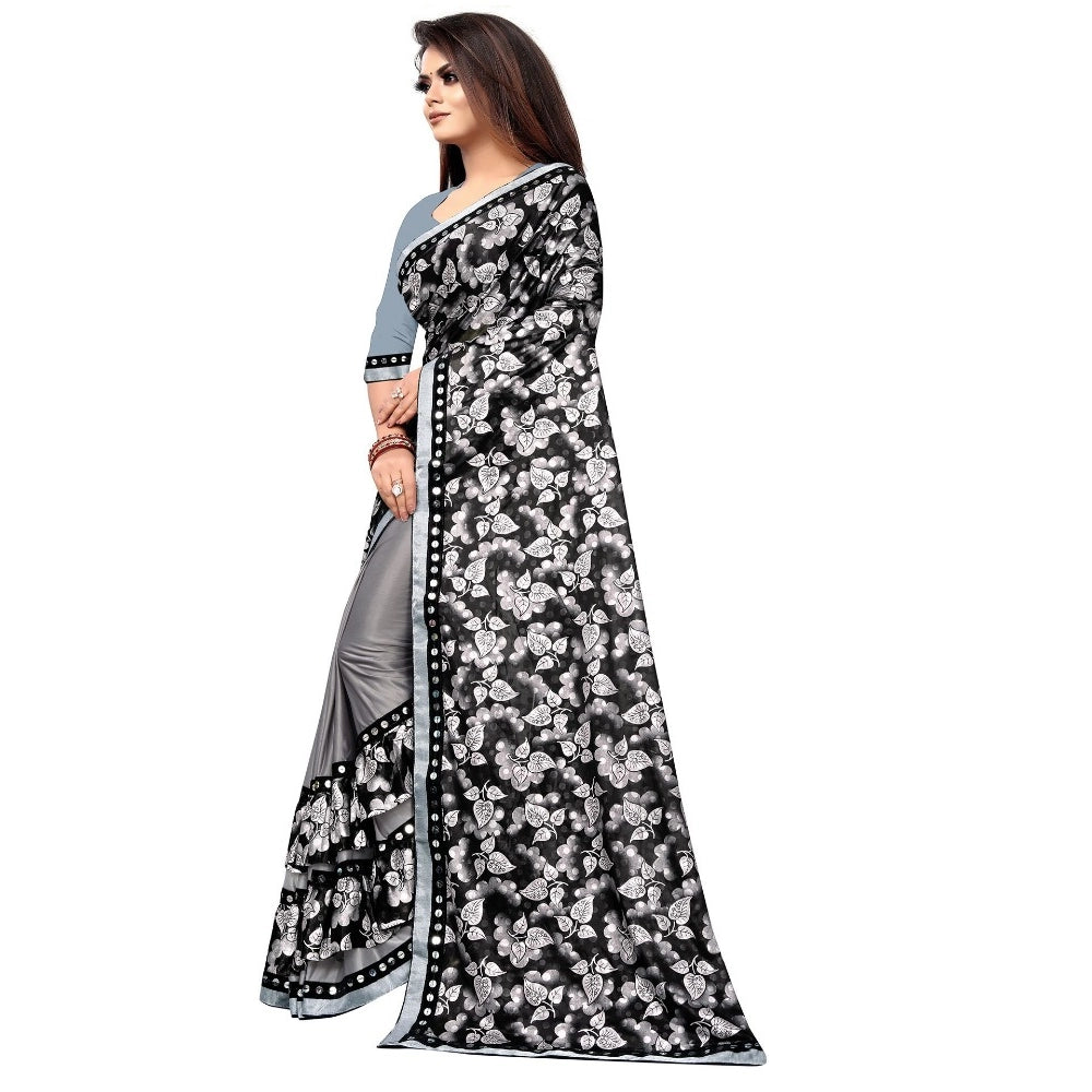 Amfyn Women's Lycra Blend Saree with Blouse (Grey, 5-6 Mtrs)