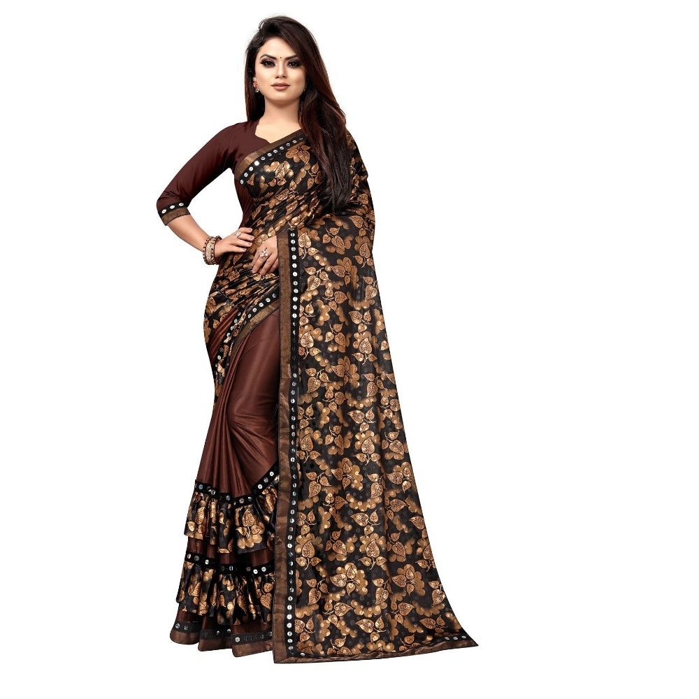 Amfyn Women's Lycra Blend Saree with Blouse (Coffee, 5-6 Mtrs)