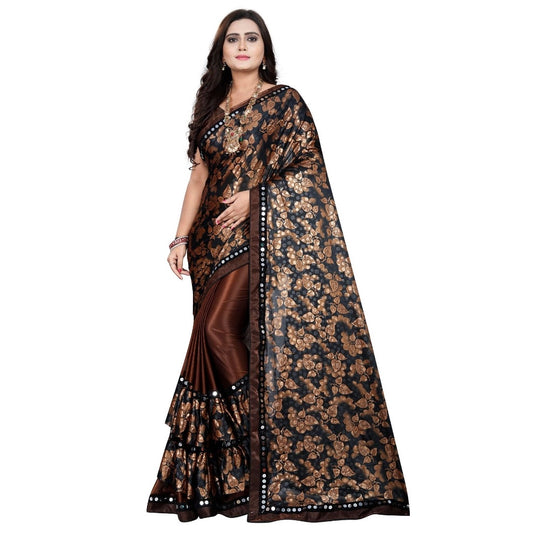 Amfyn Women's Lycra Blend Saree with Blouse (Coffee, 5-6 Mtrs)