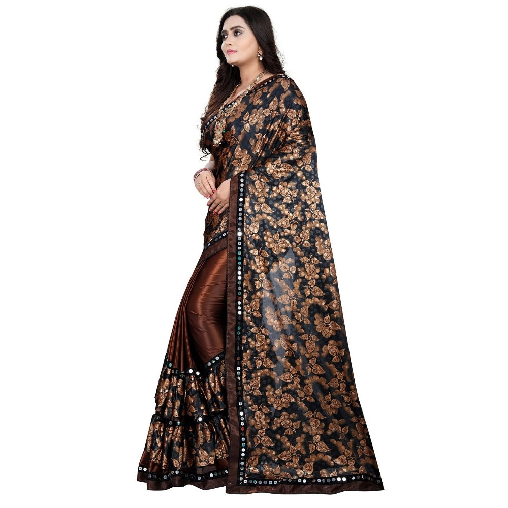 Amfyn Women's Lycra Blend Saree with Blouse (Coffee, 5-6 Mtrs)