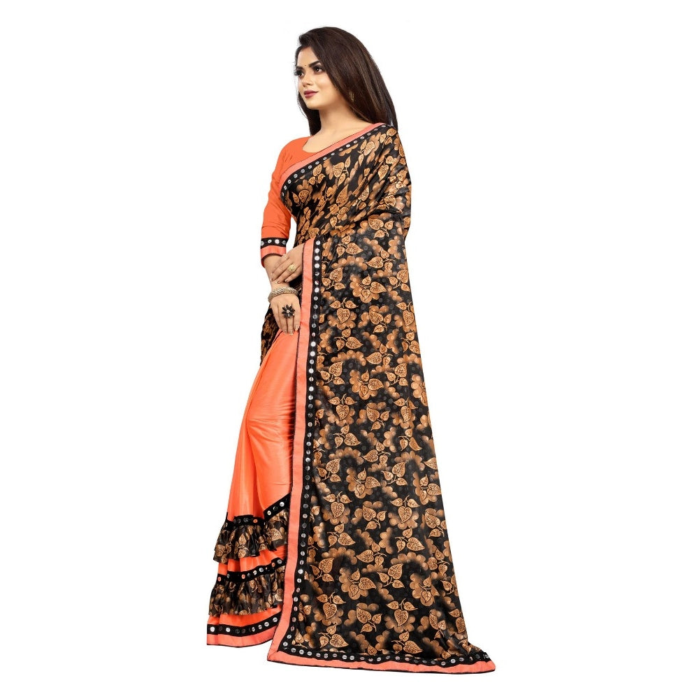 Amfyn Women's Lycra Blend Saree with Blouse (Orange, 5-6 Mtrs)