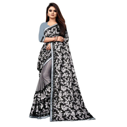 Amfyn Women's Lycra Blend Saree with Blouse (Grey, 5-6 Mtrs)