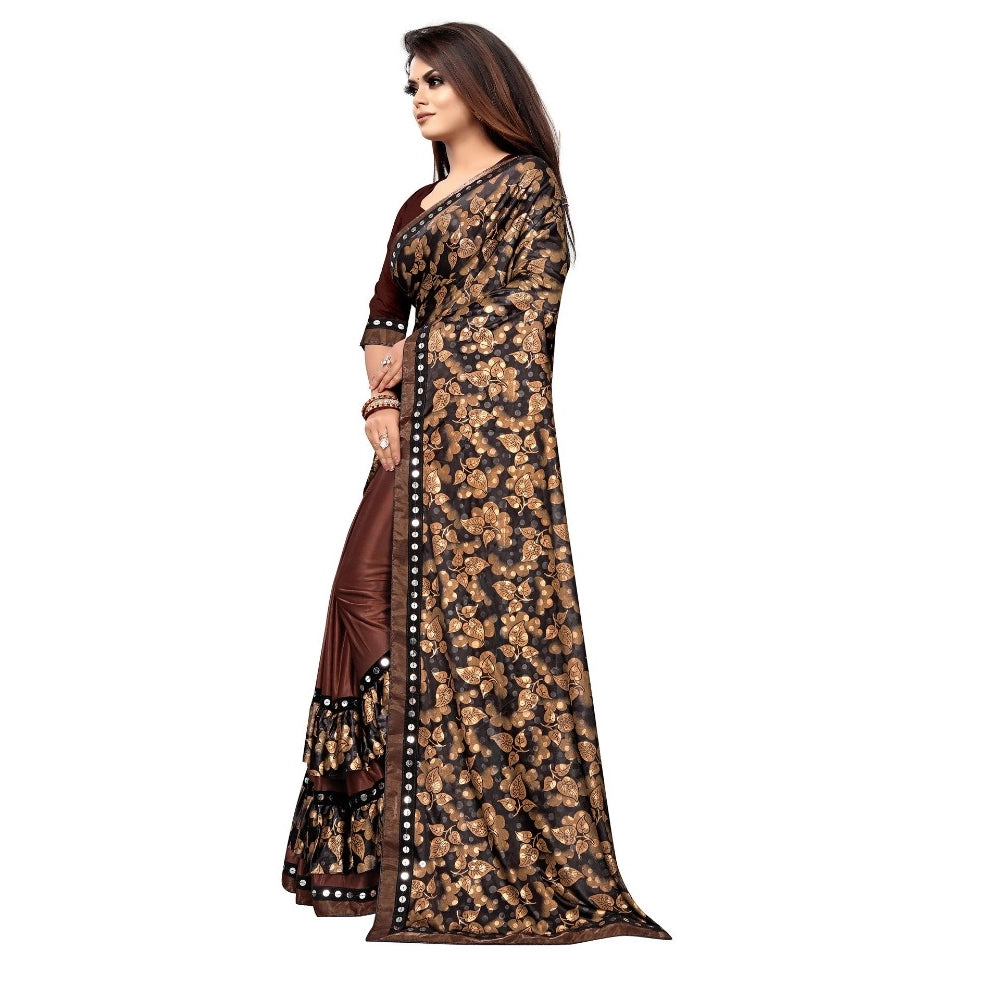 Amfyn Women's Lycra Blend Saree with Blouse (Coffee, 5-6 Mtrs)