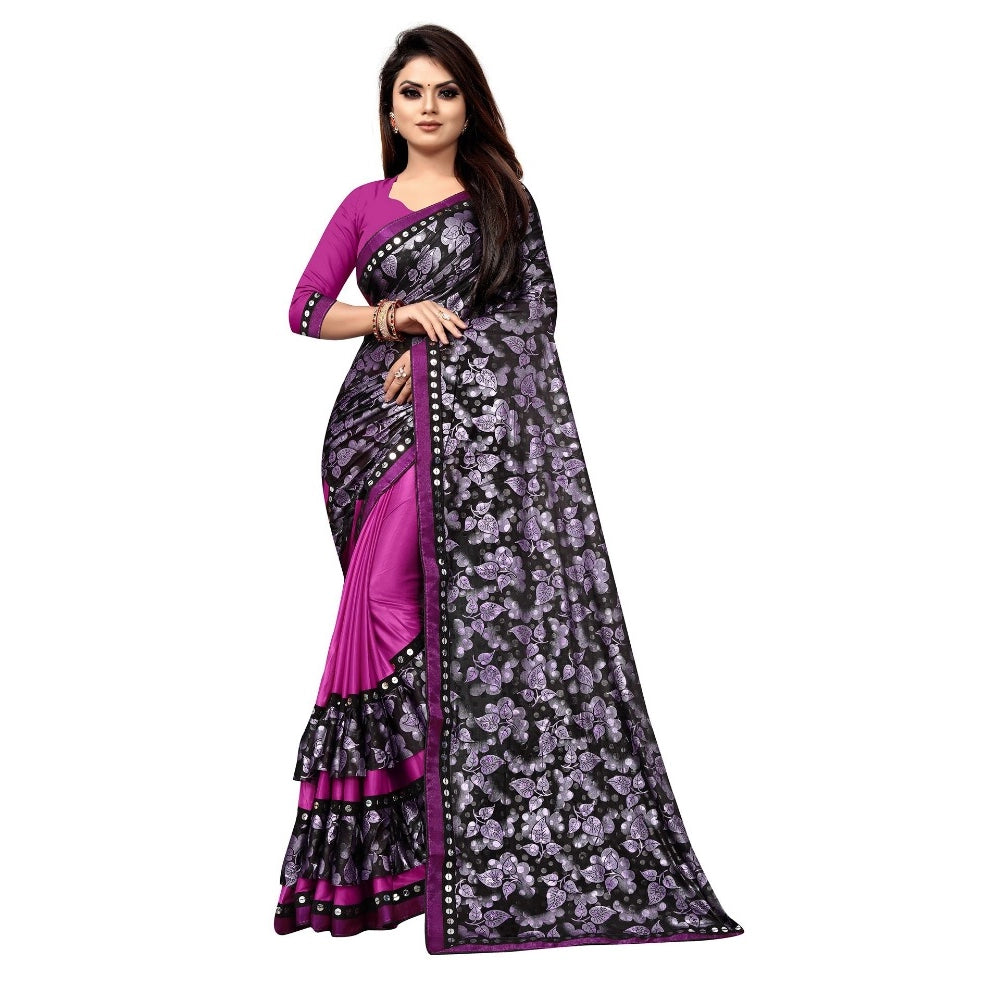 Amfyn Women's Lycra Blend Saree with Blouse (Purple, 5-6 Mtrs)