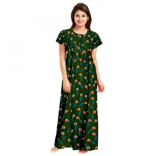 Amfyn Women's Cotton Printed Maxi Nighty (Green)