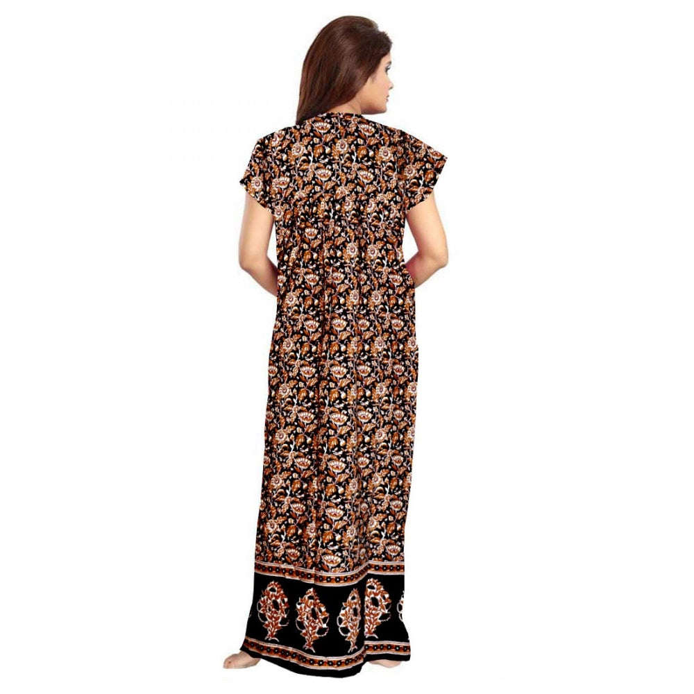 Amfyn Women's Cotton Printed Maxi Nighty (Brown)