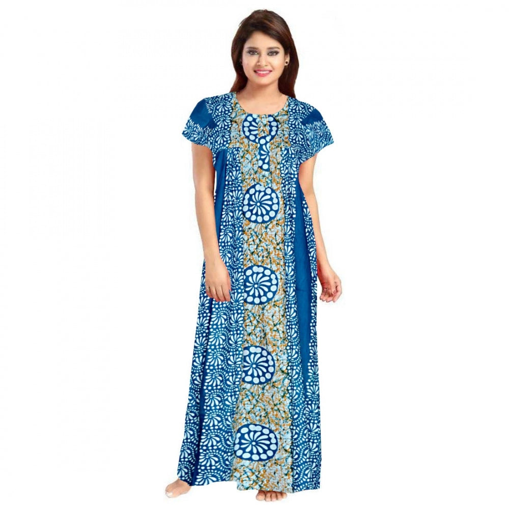 Amfyn Women's Cotton Printed Maxi Nighty (Blue)