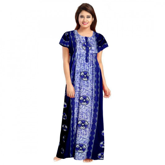 Amfyn Women's Cotton Printed Maxi Nighty (Blue)