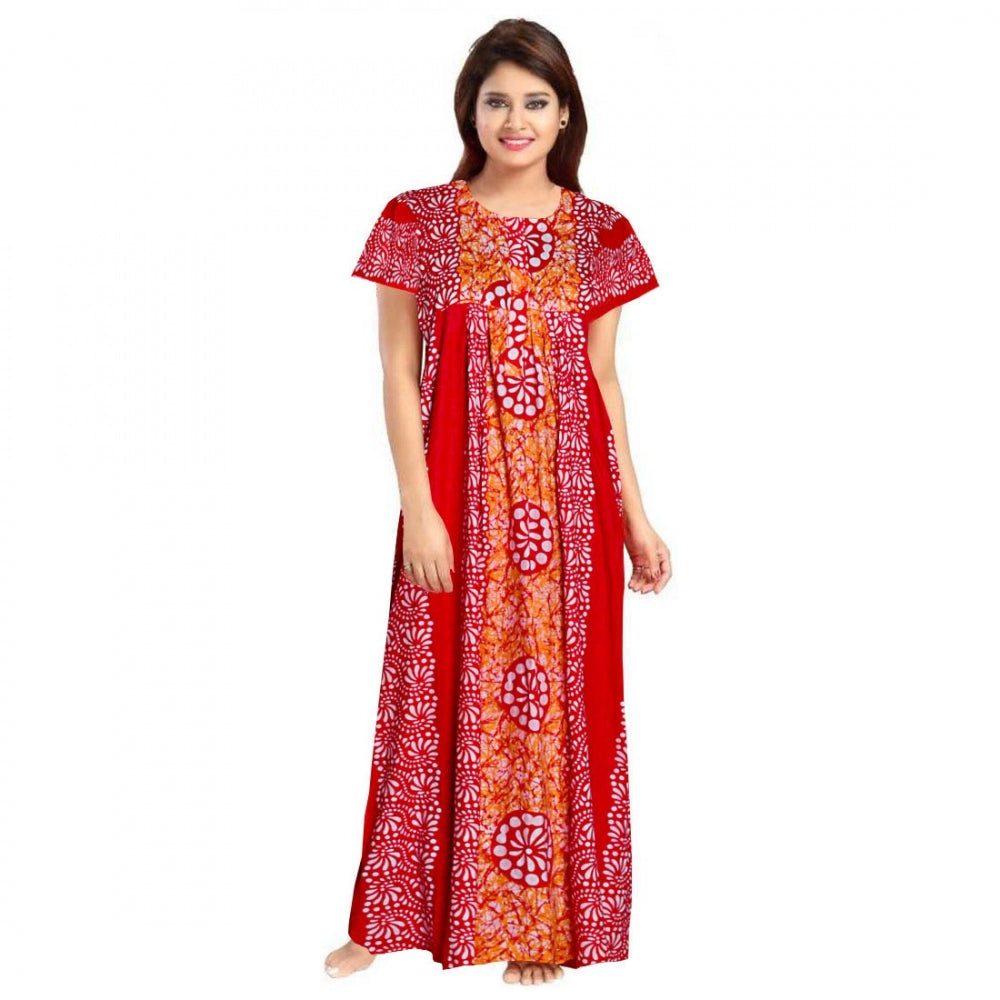 Amfyn Women's Cotton Printed Maxi Nighty (Red)