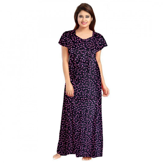 Amfyn Women's Cotton Printed Maxi Nighty (Purple)