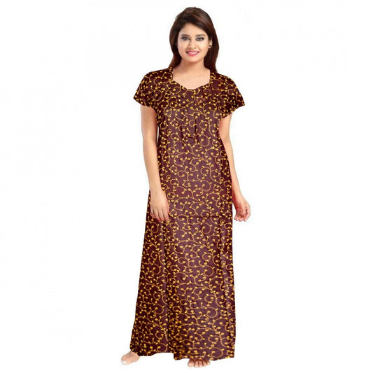 Amfyn Women's Cotton Printed Maxi Nighty (Brown)