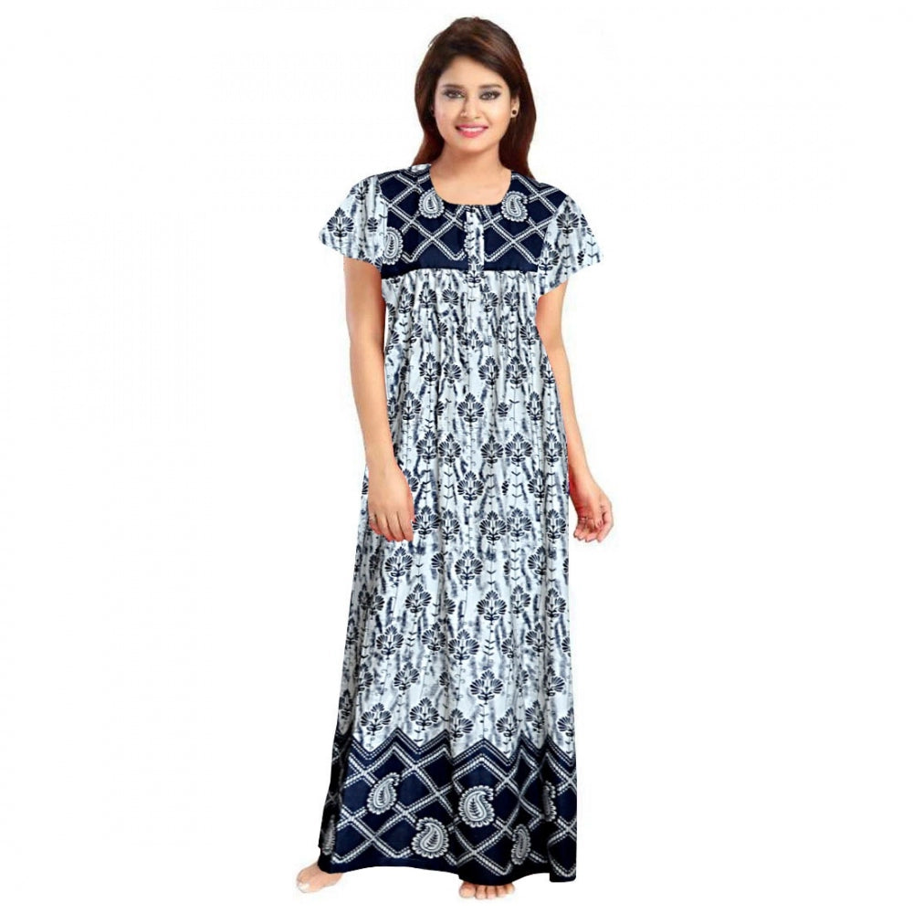 Amfyn Women's Cotton Printed Maxi Nighty (Navy Blue)