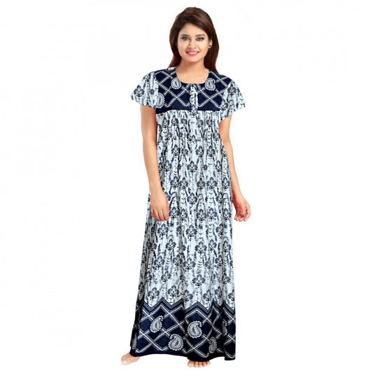 Amfyn Women's Cotton Printed Maxi Nighty (Navy Blue)