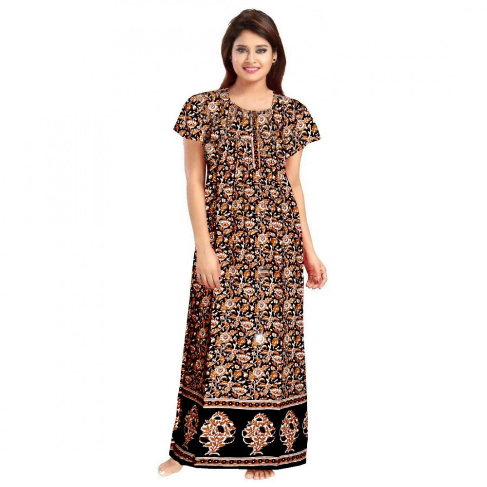 Amfyn Women's Cotton Printed Maxi Nighty (Brown)