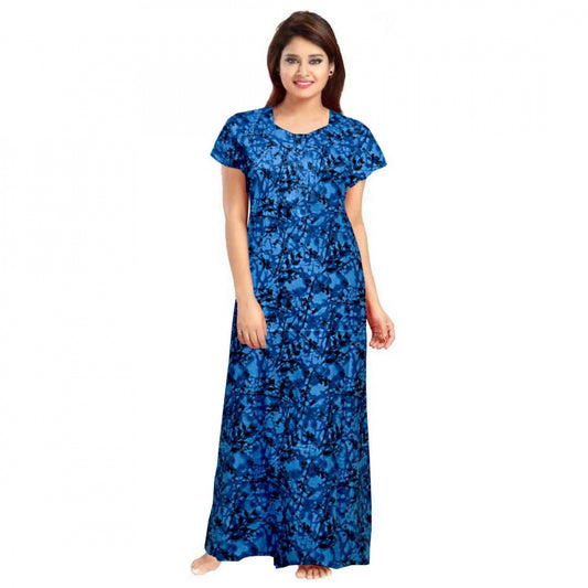 Amfyn Women's Cotton Printed Maxi Nighty (Blue)