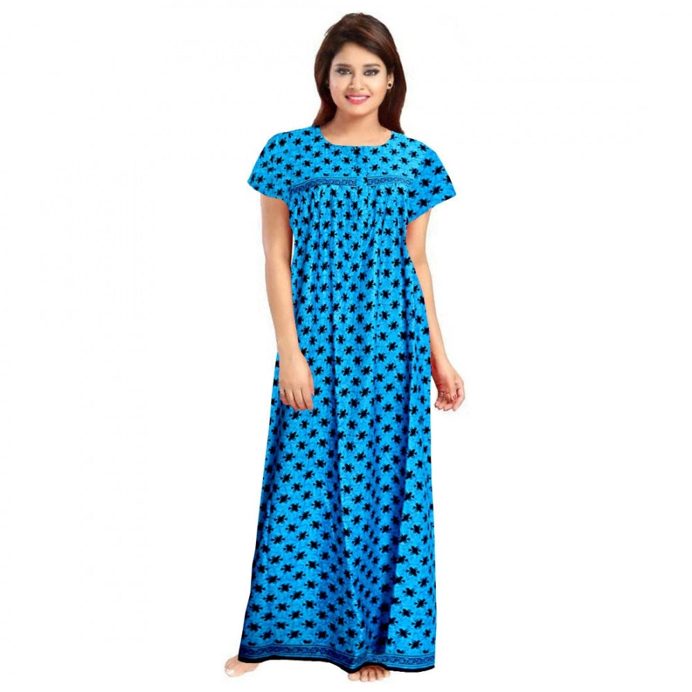 Amfyn Women's Cotton Printed Maxi Nighty (Aqua Blue)