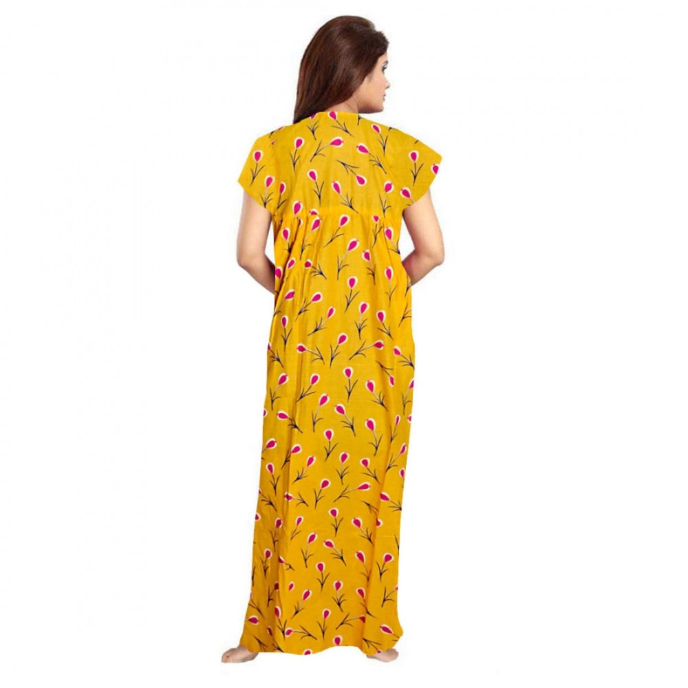 Amfyn Women's Cotton Printed Maxi Nighty (Yellow)