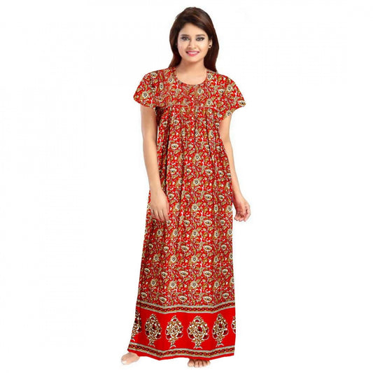 Amfyn Women's Cotton Printed Maxi Nighty (Red)