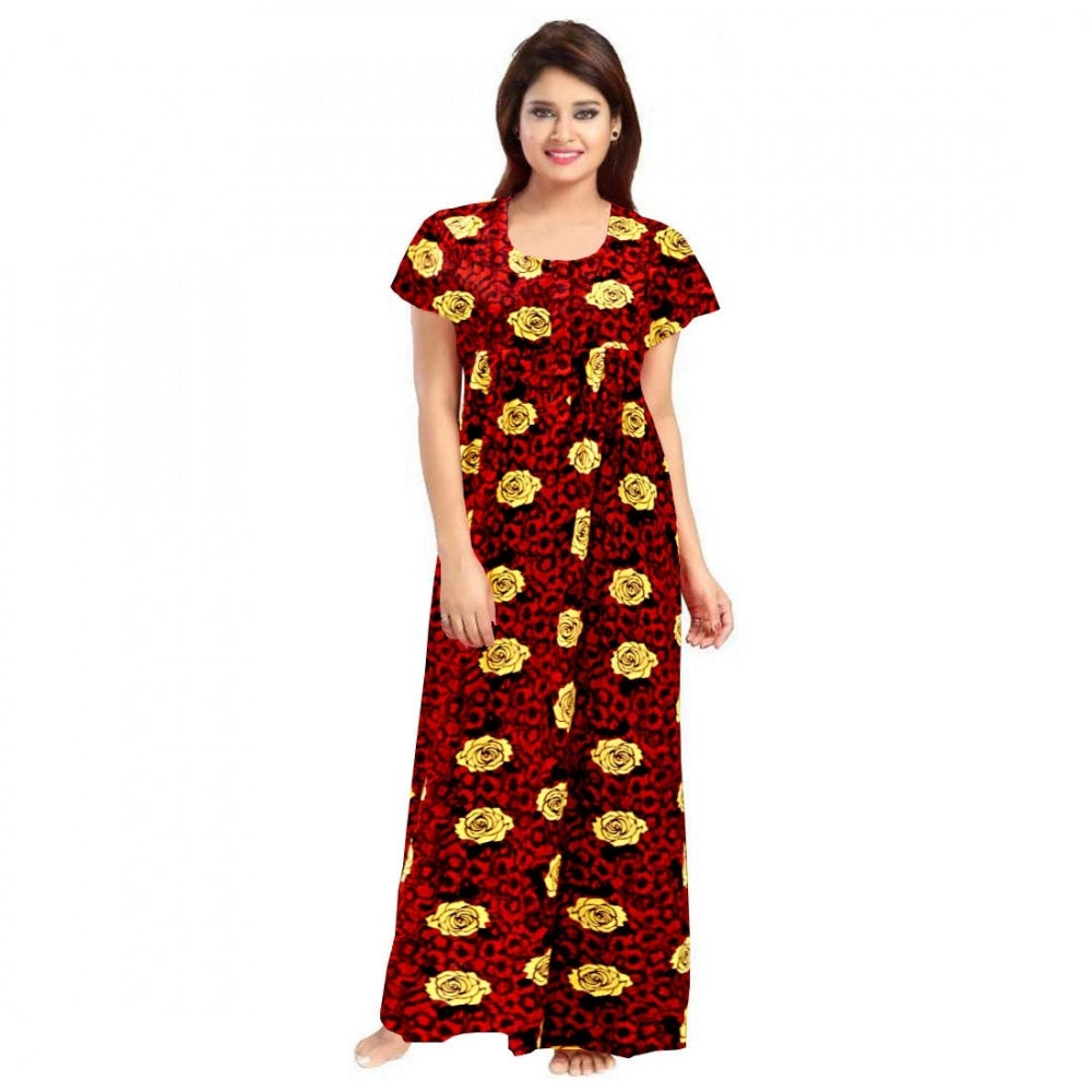 Amfyn Women's Cotton Printed Maxi Nighty (Maroon)